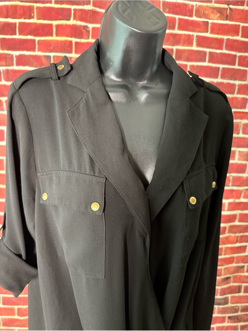 MICHAEL KORS Black Faux Wrap Utility Draped Blouse Sz S